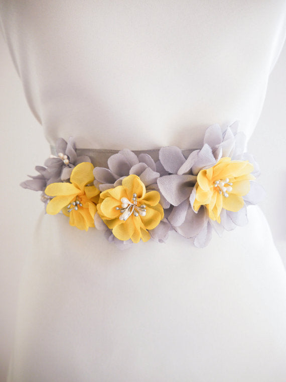 Gray And Yellow Sash, Handmade Flowers Girl Sash, Elegant Satin Sash,Pretty Bridesmaids Sash, SA0010