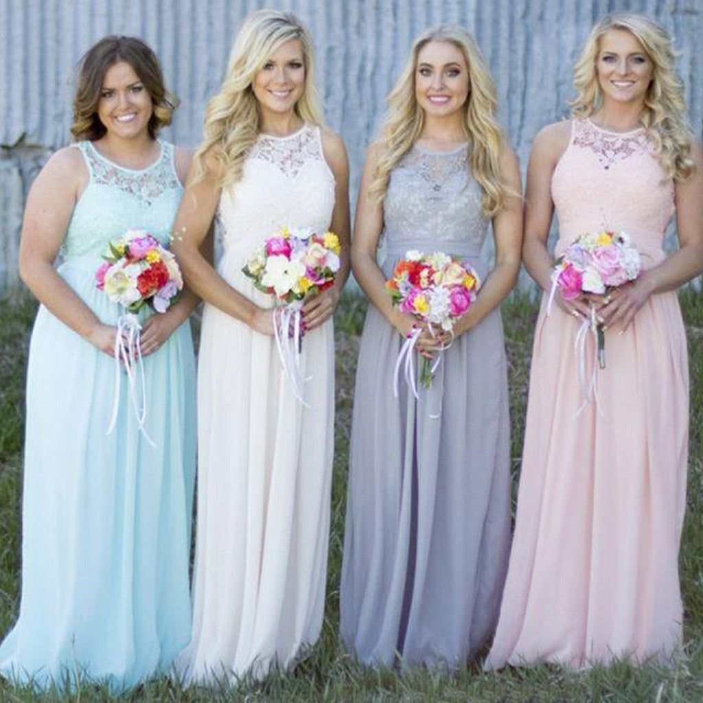 Small Round Neck Top Lace Different Colors Chiffon Floor-Length Cheap Maxi Bridesmaid Dresses, WG110