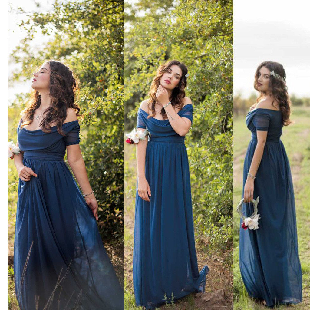 Short Sleeve Simple Off Shoulder Chiffon Navy Cheap Poplar Wedding Bridesmaid Dress. AB1151