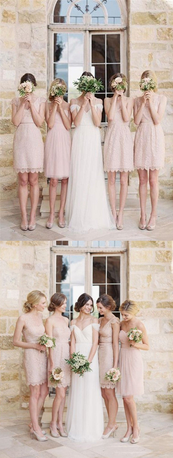 Mismatched Junior Pretty Short Lace Knee-Length Blush Pink Mini Custom AlineBridal Mismatched Junior Pretty Short Lace Knee-Length Blush Pink Mini Custom AlineBridal