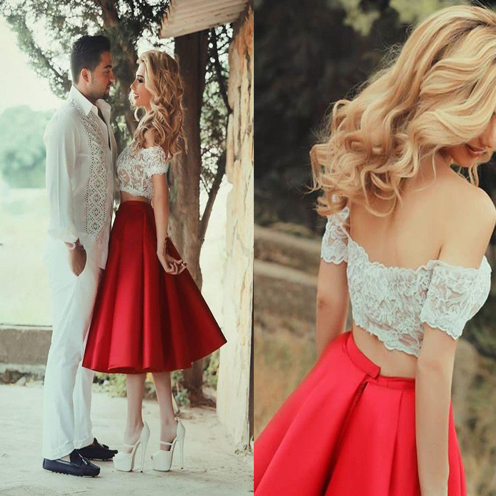 Short sleeve off shoulder two pieces lace red tea length casual