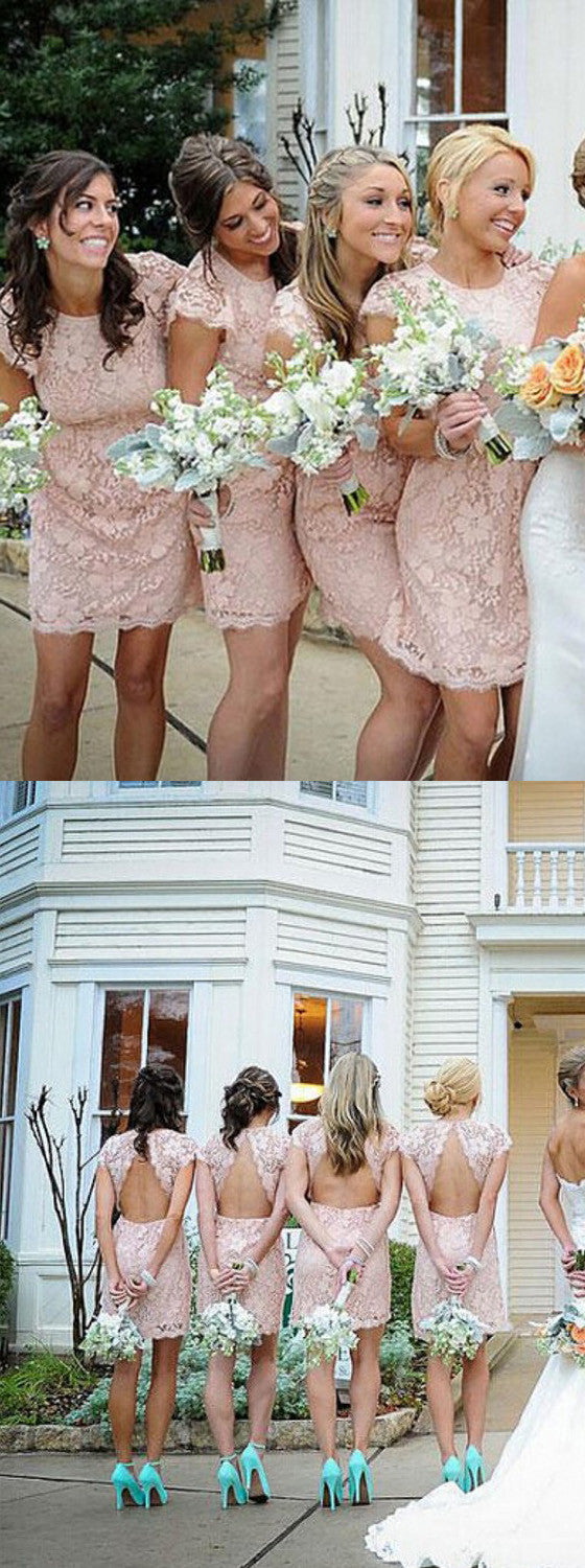 Fashion Cap Sleeve Open Back Small Round Neck Short Lace Blush Pink Mi AlineBridal Fashion Cap Sleeve Open Back Small Round Neck Short Lace Blush Pink Mi AlineBridal