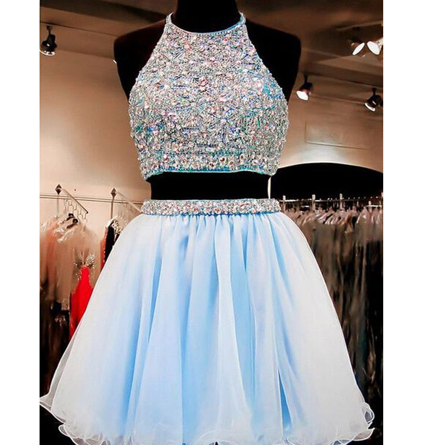 New Arrival two pieces halter sparkly backless crop tops freshman homecoming dresses,BD00116