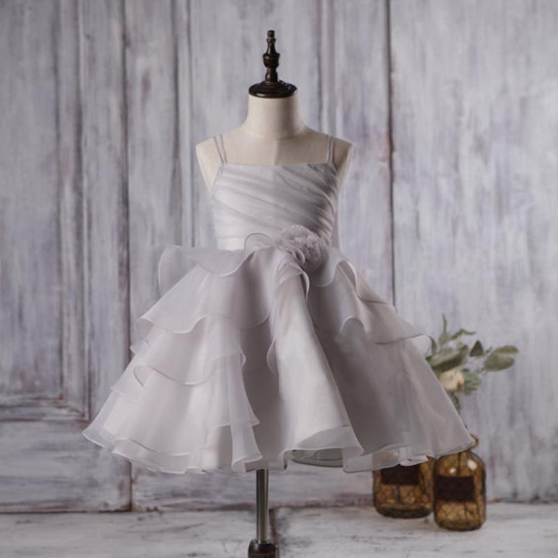 Cute Light Grey Organza Bustled Flower Little Girl Dresses, Cheap Flow AlineBridal Cute Light Grey Organza Bustled Flower Little Girl Dresses, Cheap Flow AlineBridal