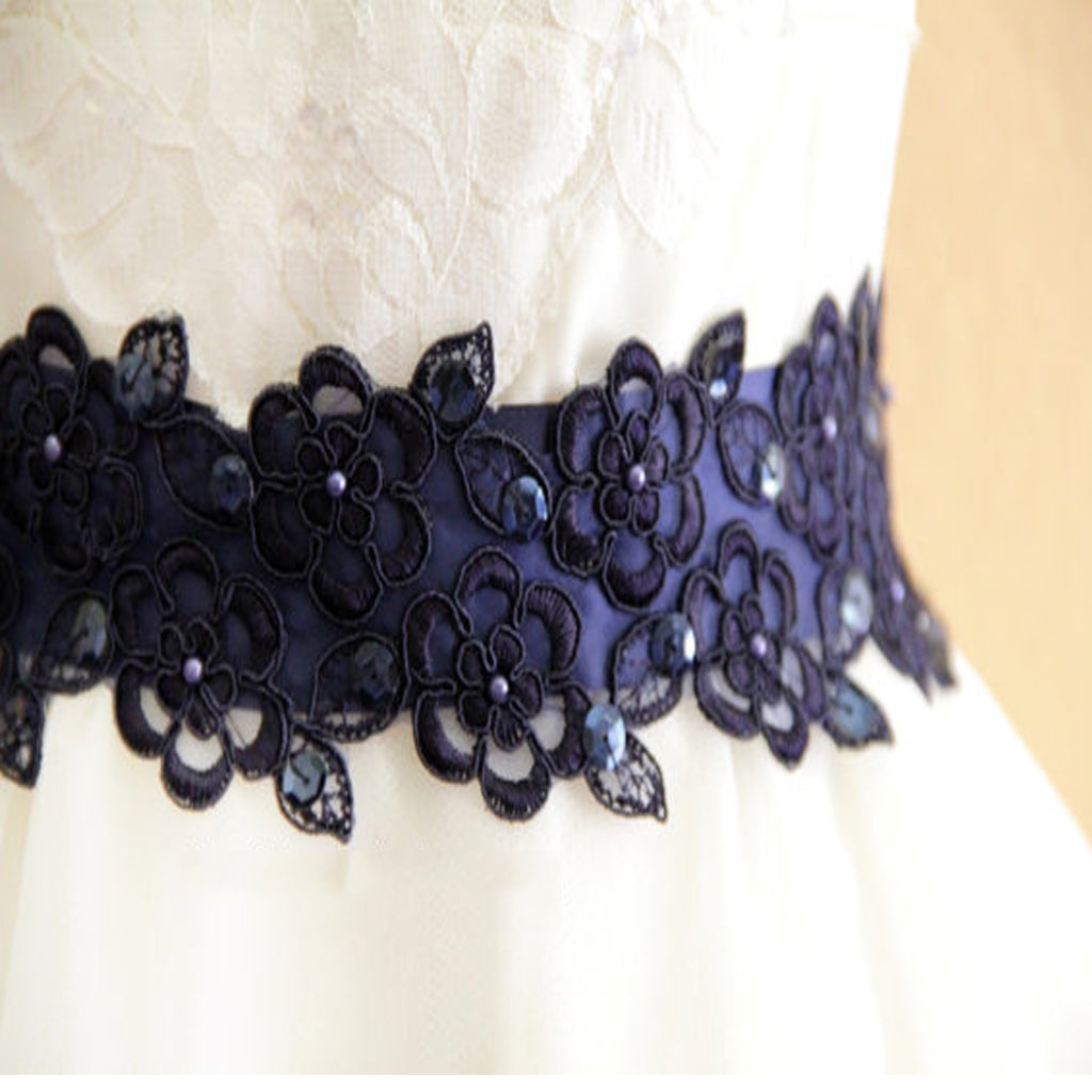Navy Blue Sash, Elegant Girl Sash, Simple Bridesmaids Sash,Beautiful Lace Appliques Beading Sash, SA0011