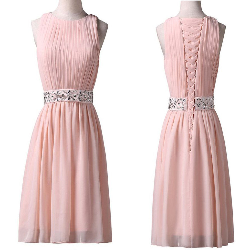 Light pink elegant Jewel Knee-Length Sleeveless chiffon with beading waist  homecoming dresses,BD00119