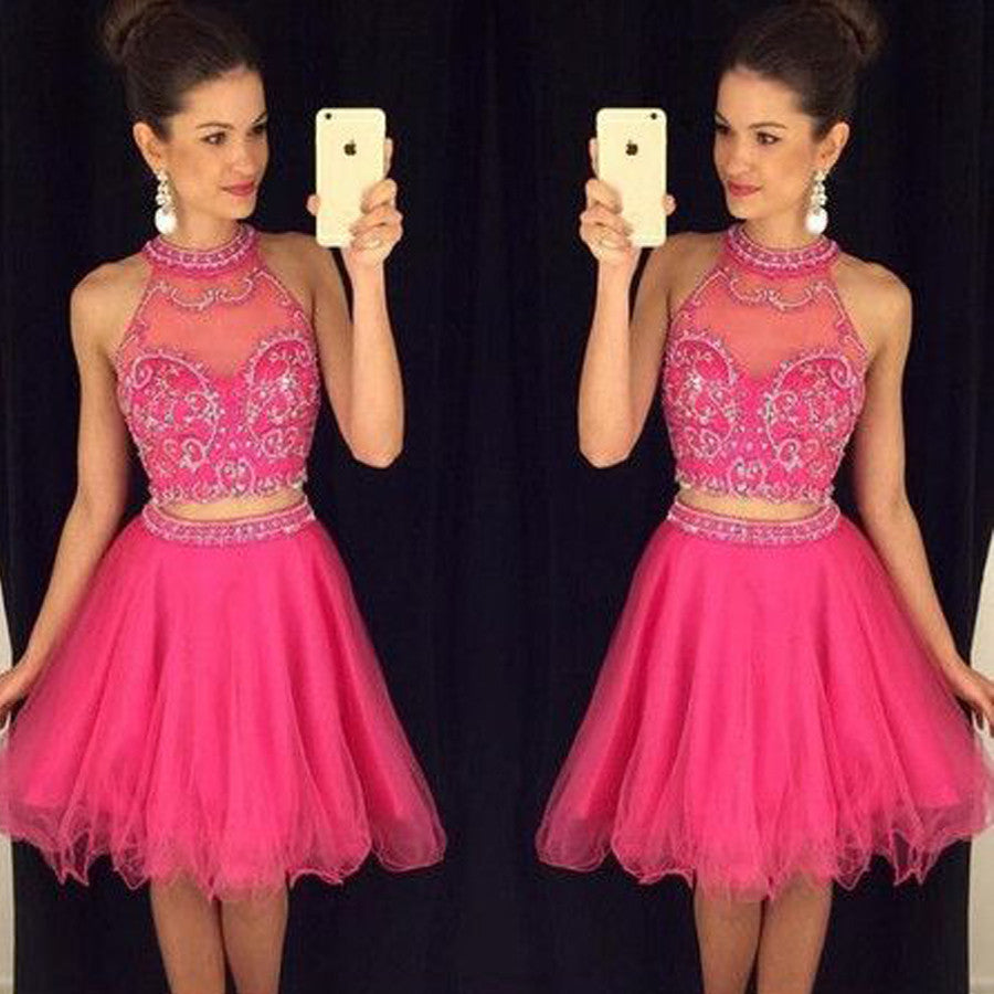 Popular rose red two pieces sparkly Crop Tops freshman for teens homecoming dresses,BD00124