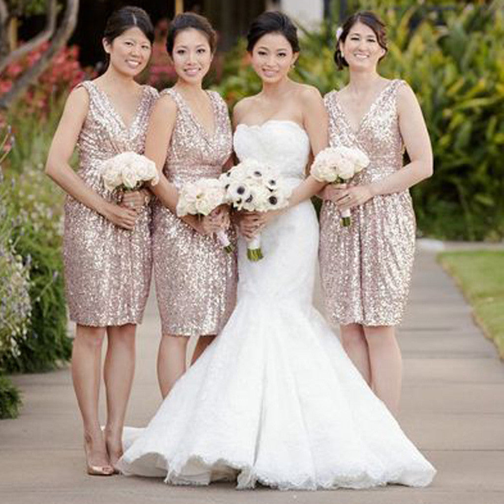 Sequin V-Neck Shinning Knee-Length Cheap Custom Make High Quality Bridesmaid Dresses, WG124