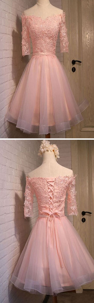 pink lace off shoulder with half sleeve cute freshman graduation homecoming dresses,BD00125
