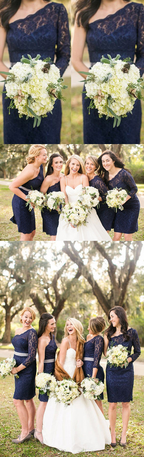 Elegant One Shoulder Long Sleeve Lace Navy Blue Knee Length Short Chea AlineBridal Elegant One Shoulder Long Sleeve Lace Navy Blue Knee Length Short Chea AlineBridal
