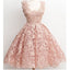 Dark Pink Lace Floral prints Vintage tea length elegant casual homecoming dresses,BD00128