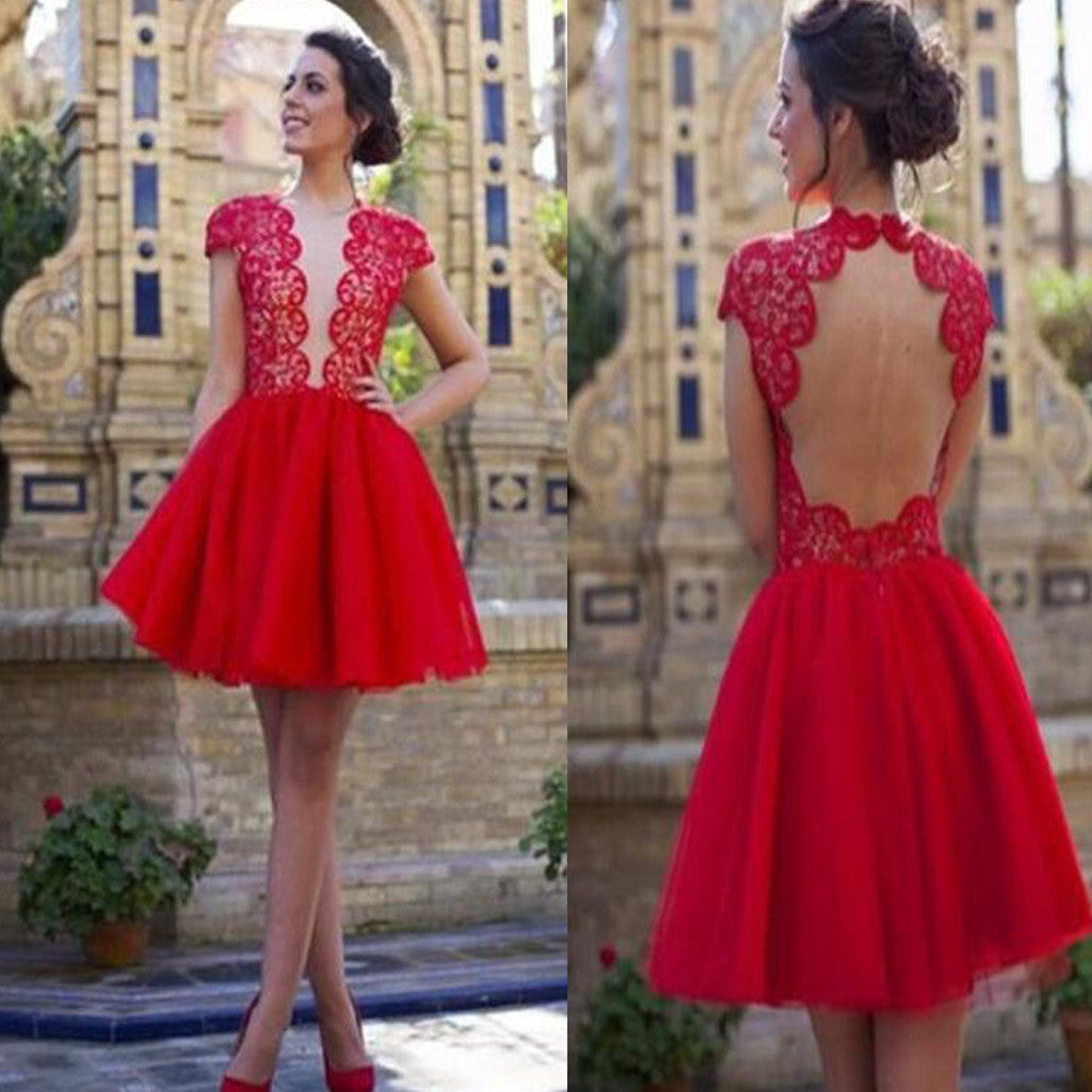 popular red open back sexy with short sleeve cocktail homecoming dresses,BD00133