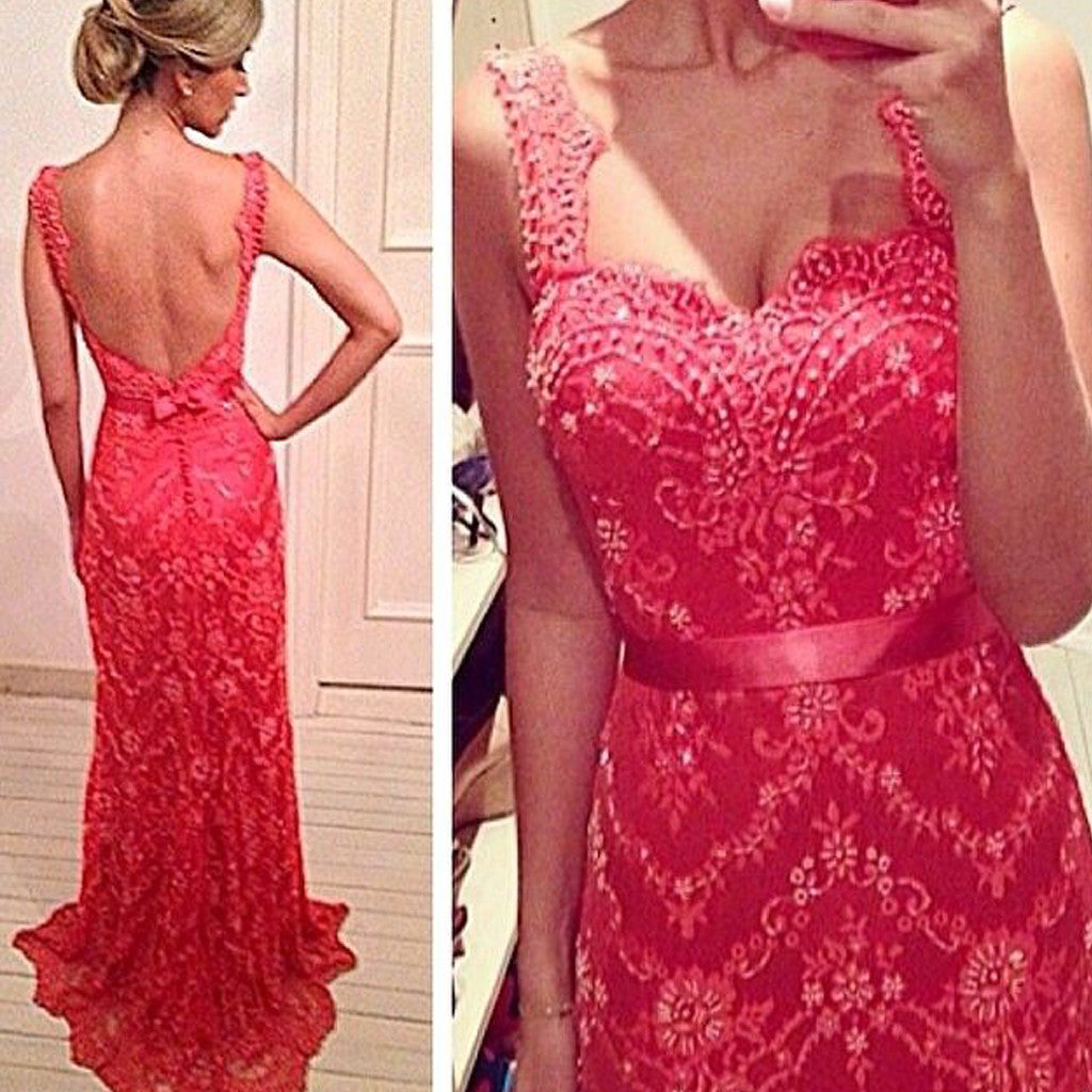 Red Lace Backless For Teens Elegant Vintage Lace Prom Dresses PD0510