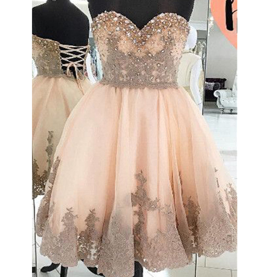 Strapless Sweetheart Gorgeous Lace Up Back Sparkly Rhinestone Junior Homecoming Dresses, BD00142