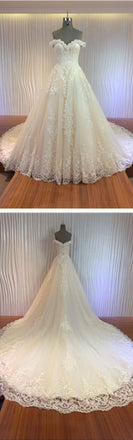 Gorgeous Off Shoulder Sweetheart Zip Up Long A-line Lace Wedding Dresses, WD0148