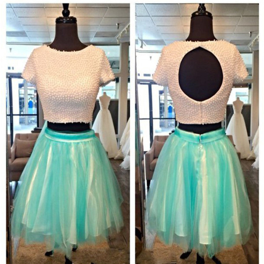 Short Sleeve Two Pieces Beaded Open Back Unique Cute For Teens  Homecoming Dresses, BD00148