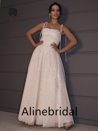 Elegant Square Spaghetti straps A-line Long Prom Dress, PD3537