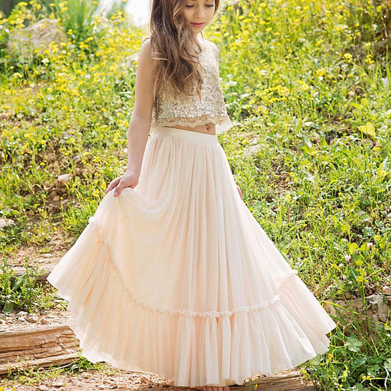 Two Pieces Sequin Top Blush Pink Chiffon Skirt Flower Girl Dresses, FG059