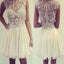 Champagne cap sleeve high neckline lace appliques sequins beads  perspective mini homecoming prom dress,BD0014