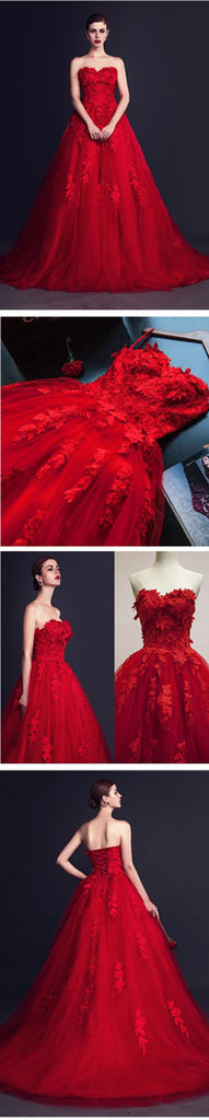 Stunning Red Tulle Sweetheart Appliques Lace Up Ball Gown Wedding Dresses, WD0150