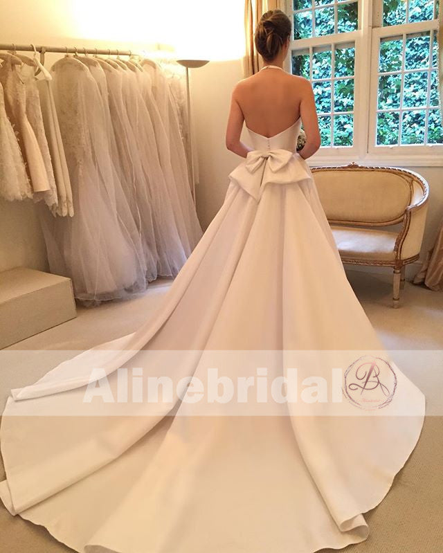 Simple Ivory Satin Elegant Halter With Stunning Bowknot Sweep Train  Wedding Dresses, AB1124