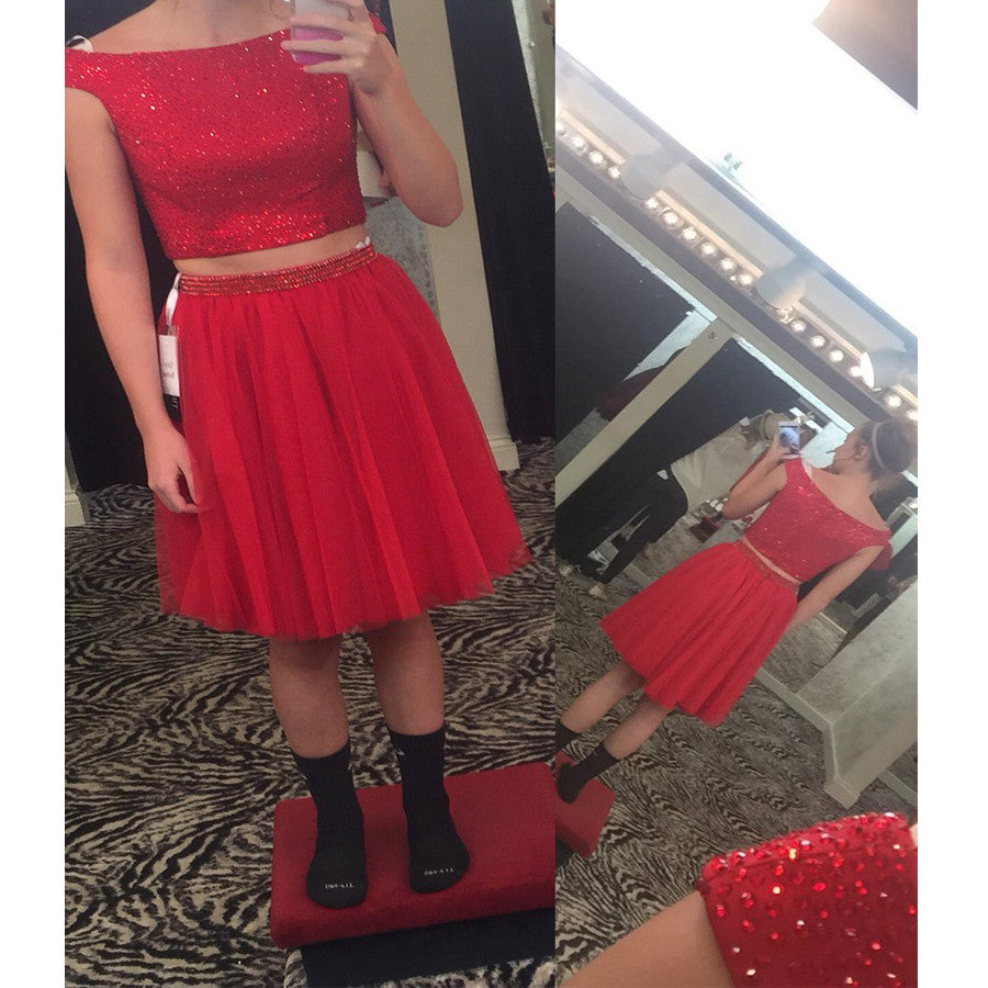 Short blush red cap sleeve two pieces sparkly lovely freshman homecoming prom dresses, BD00162