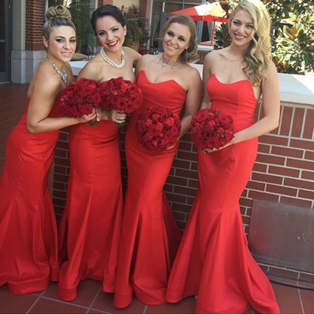 Beautiful Stunning Red Sweet Heart Sexy Mermaid Satin Long Wedding Guest Bridesmaid Dresses, WG164