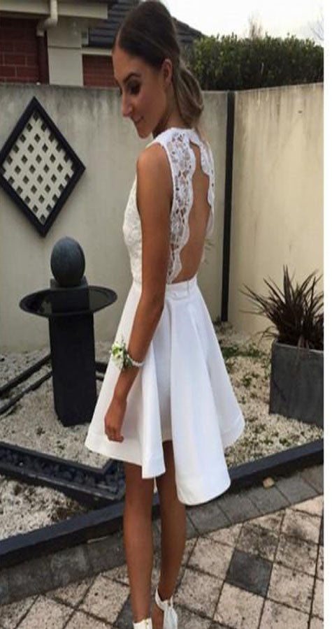 Short white lace simple open backs sexy unique style cocktail homecomi AlineBridal Short white lace simple open backs sexy unique style cocktail homecomi AlineBridal