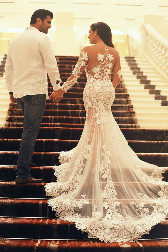 Long Sleeve See Through Mermaid Sexy Bridal Gowns Wedding Party Dresse AlineBridal