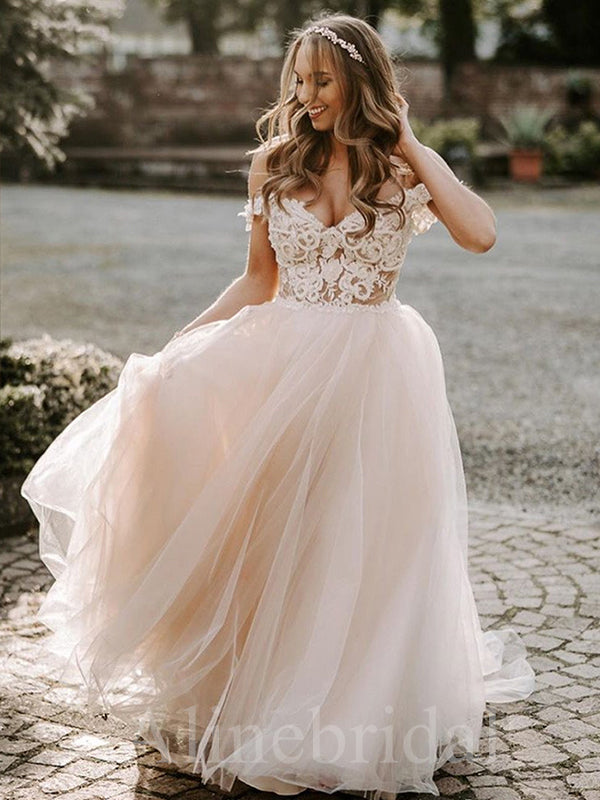 Elegant Off shoulder Sweetheart A-line Lace applique Wedding Dresses,WD3050