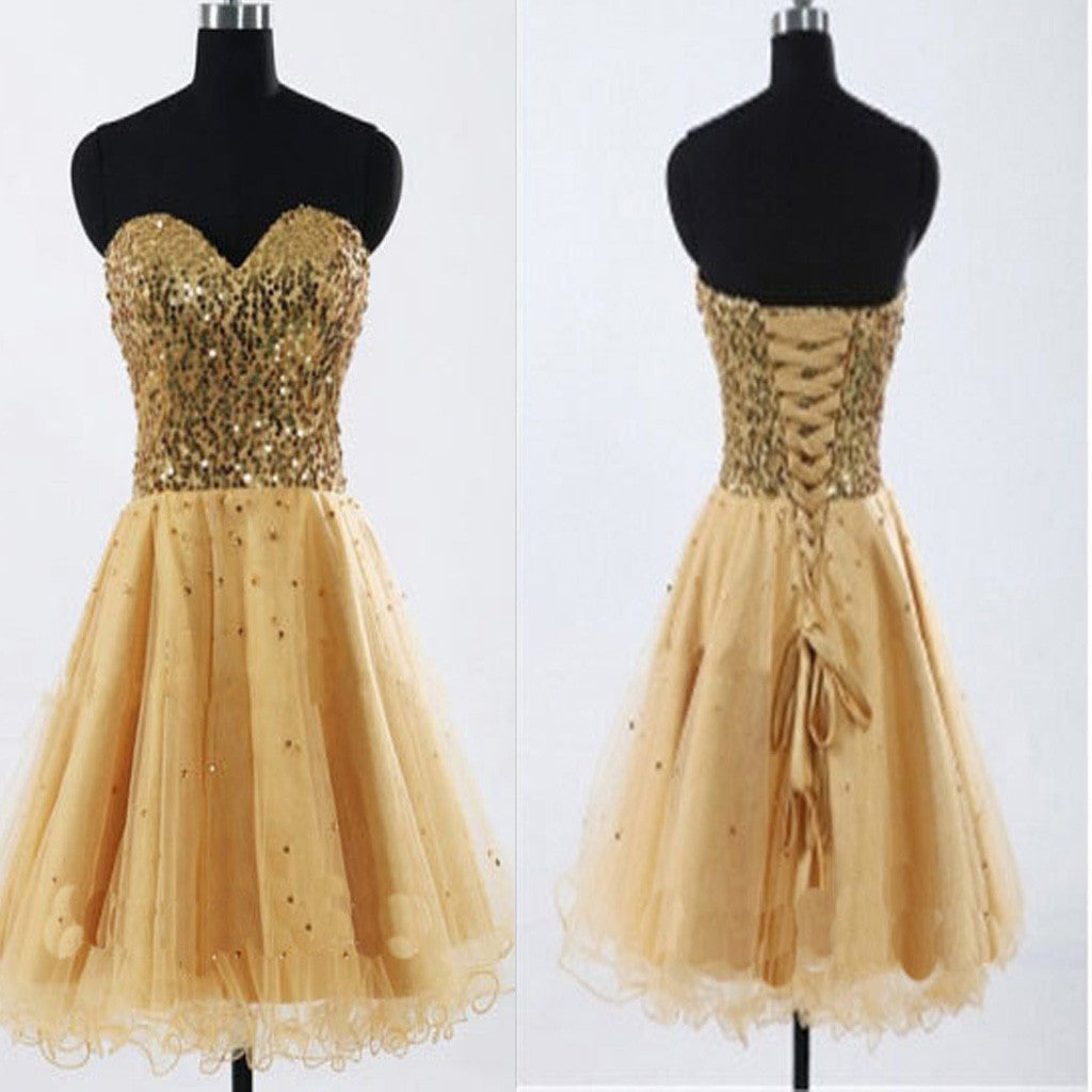 Gold Sequin sweetheart sparkly Rehearsal sweet 16 casual homecoming dresses,BD00188