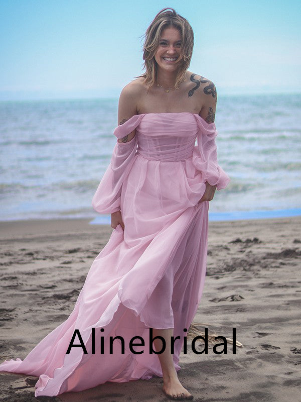 Elegant Off shoulder Sleeveless A-line Long Prom Dress, PD3555