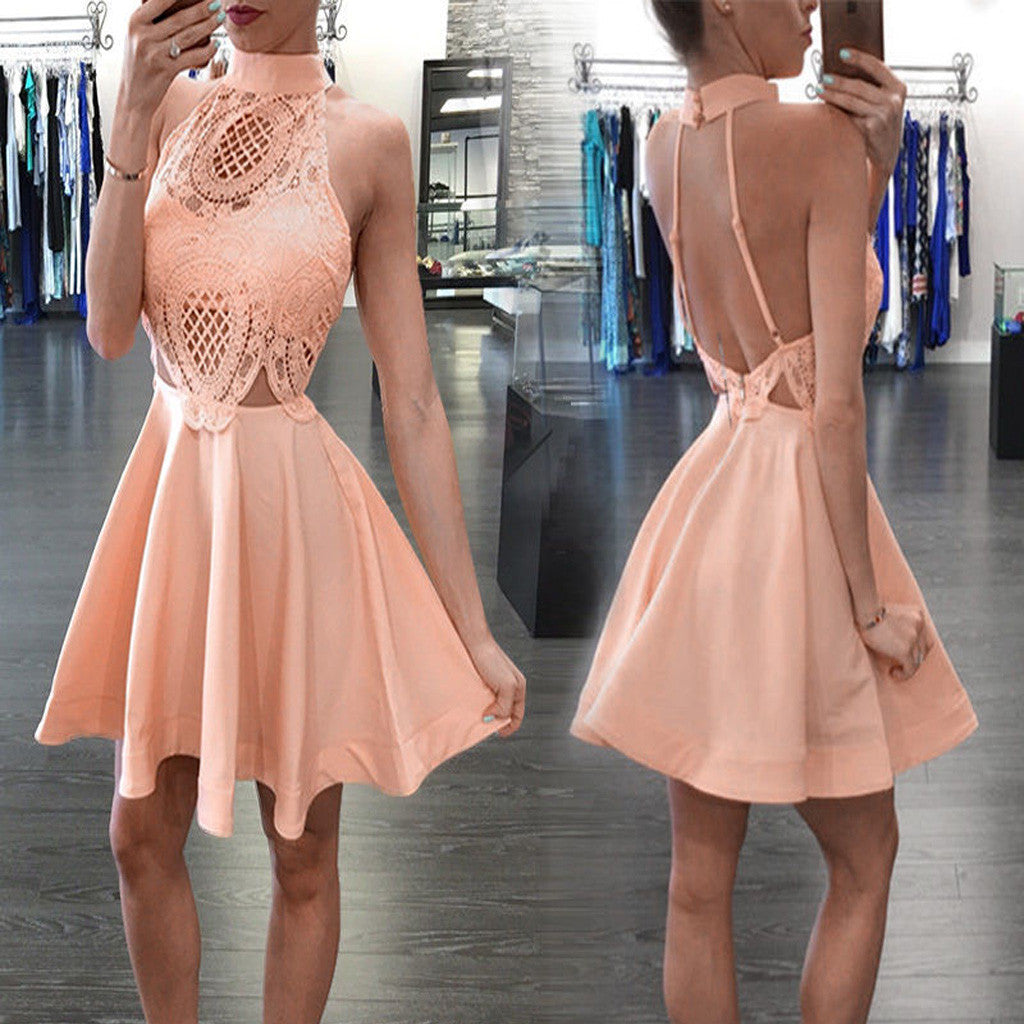 New Arrival Blush pink High neck open backs unique style homecoming dresses, BD001191