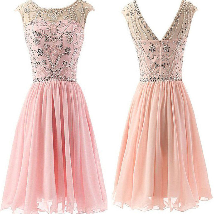 cute casual homecoming dresses Pink Beaded Chiffon Elegant fashion graduation freshman ev – AlineBridal WebColorName_White