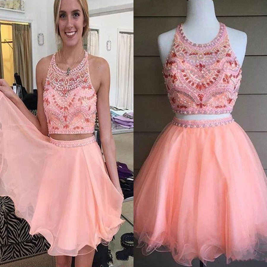 Short pink two pieces beaded off shoulder sweet 16 cute cocktail graduation homecoming dresses, BD00195