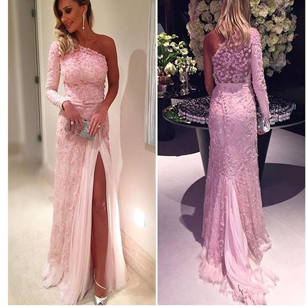 Pink One Shoulder Appliques Long Sleeves Lace Vintage Prom Gown Dresses. AB014