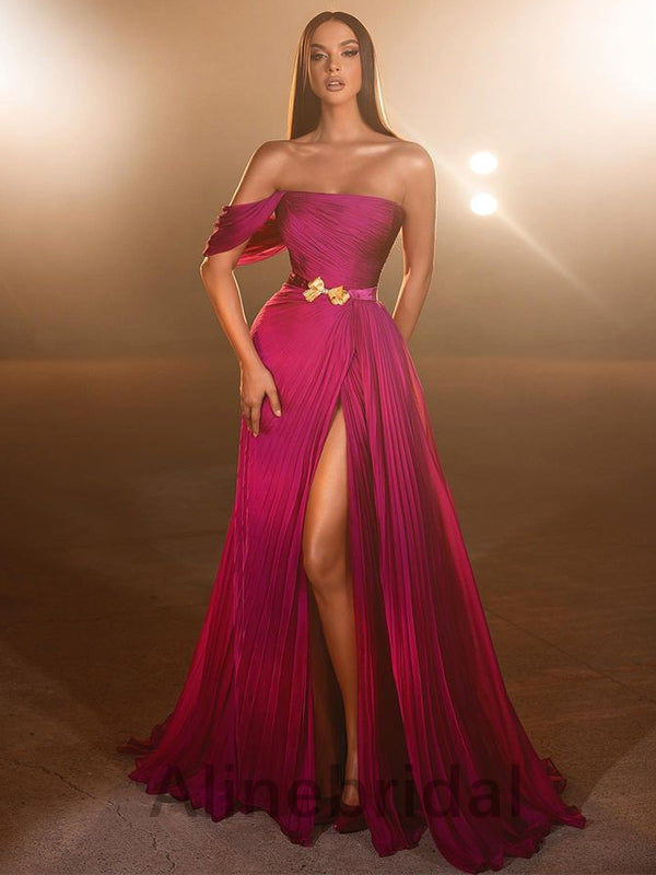 Elegant Hot Pink One shoulder Sleeveless Side slit A-line Long Prom Dress, PD3585