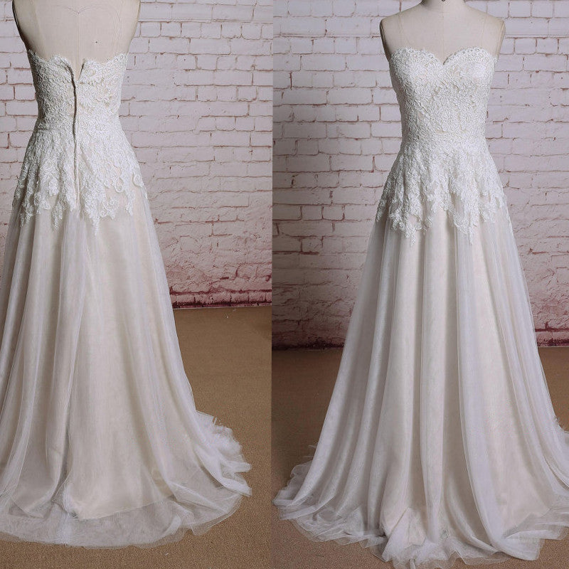 Sweetheart Neckline Ivory Lace   A-line Sweep Train Sleeveless Wedding Dress , WD0120