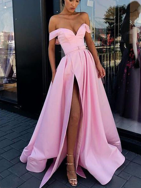 A-Line Charming  Off Shoulder Pink Best Sale Prom Dresses with Belt, PD0939