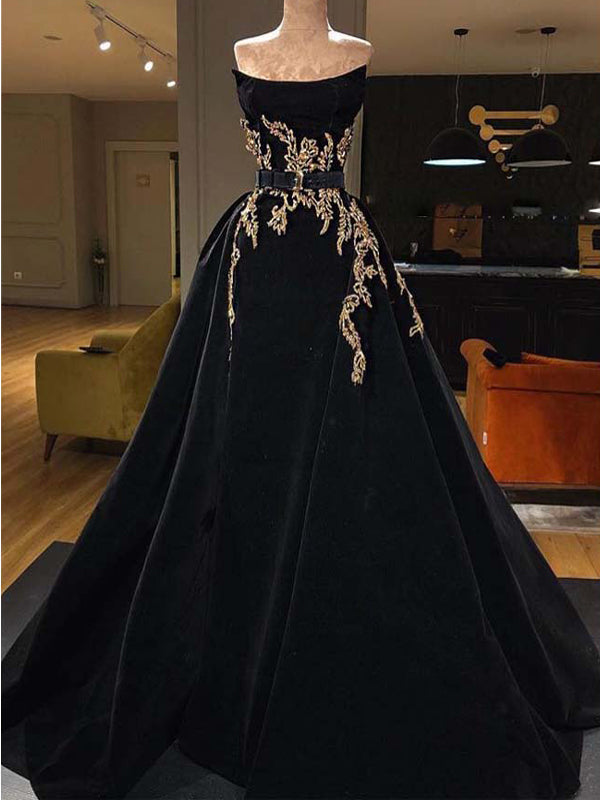 A-Line Black Strapless Elegant Modest Long Prom Dresses With Appliques AlineBridal A-Line Black Strapless Elegant Modest Long Prom Dresses With Appliques AlineBridal