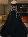 A-Line Black Strapless Elegant Modest Long Prom Dresses With Appliques  PD1962