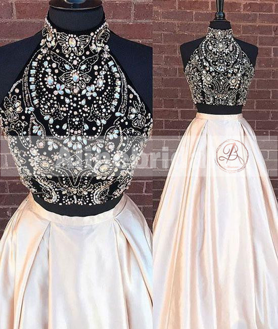 Gorgeous Two Piece Beaded Top High Neck Sleeveless Ball Gown Prom Dresses,PD00072