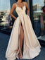 A-Line Formal Custom Spaghetti Straps Sweep Train Split Front Prom Dresses with Belt, PD0943