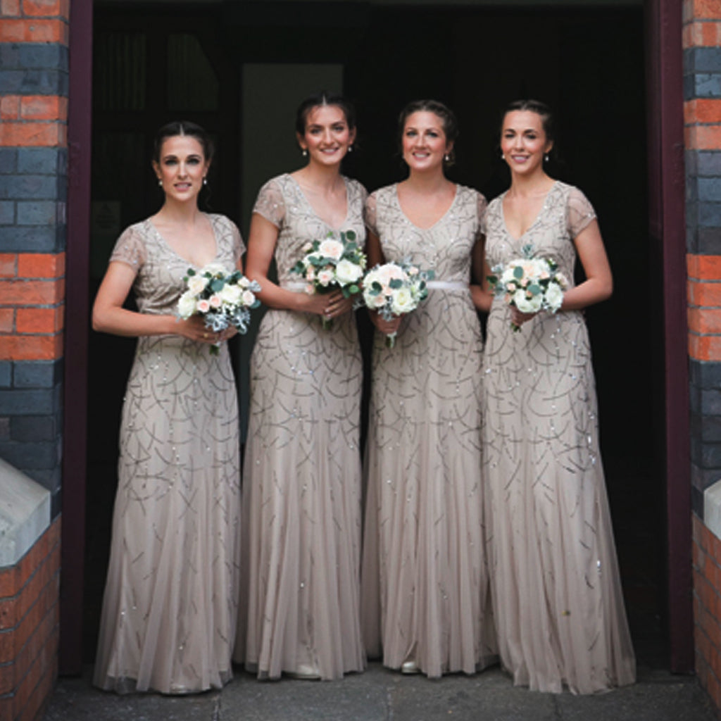 Newest Short Sleeve Sparkly Sliver Sequins Beading Tulle  Long Bridesmaid Dresses, AB1178