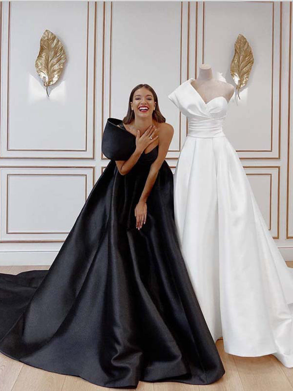 A-line Black White Satin One Shoulder Hot Modest Prom Dresses PD1961 – AlineBridal