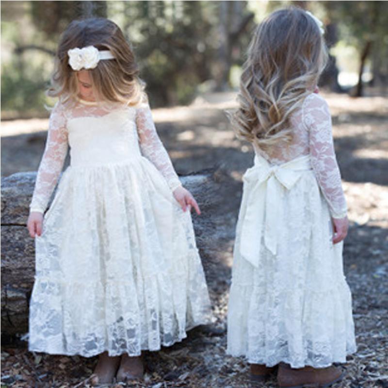 Lovely Ivory Lace Tulle Long Flower Girl Dresses, Little Girl Dresses