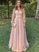 A-line Elegant V-NECK Long Sleeves Pink  Long Prom Dresses with belt PD0850