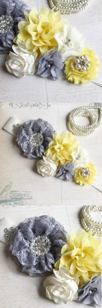 Gray Yellow Handmade Flowers With Beading Girl Sash, Bridesmaids Sash,Elegant Beading Sash, SA0002