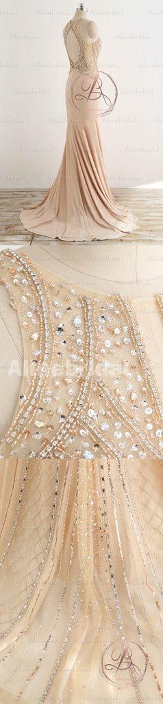 Gorgeous Sparkly Beading Sequins Open Back Mermaid Cut Neck Long Prom Gown Dresses,PD00036