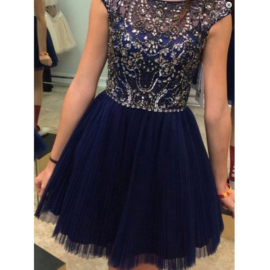 Short sleeve Blue sparkly unique charming cocktail homecoming dresses,BD00100